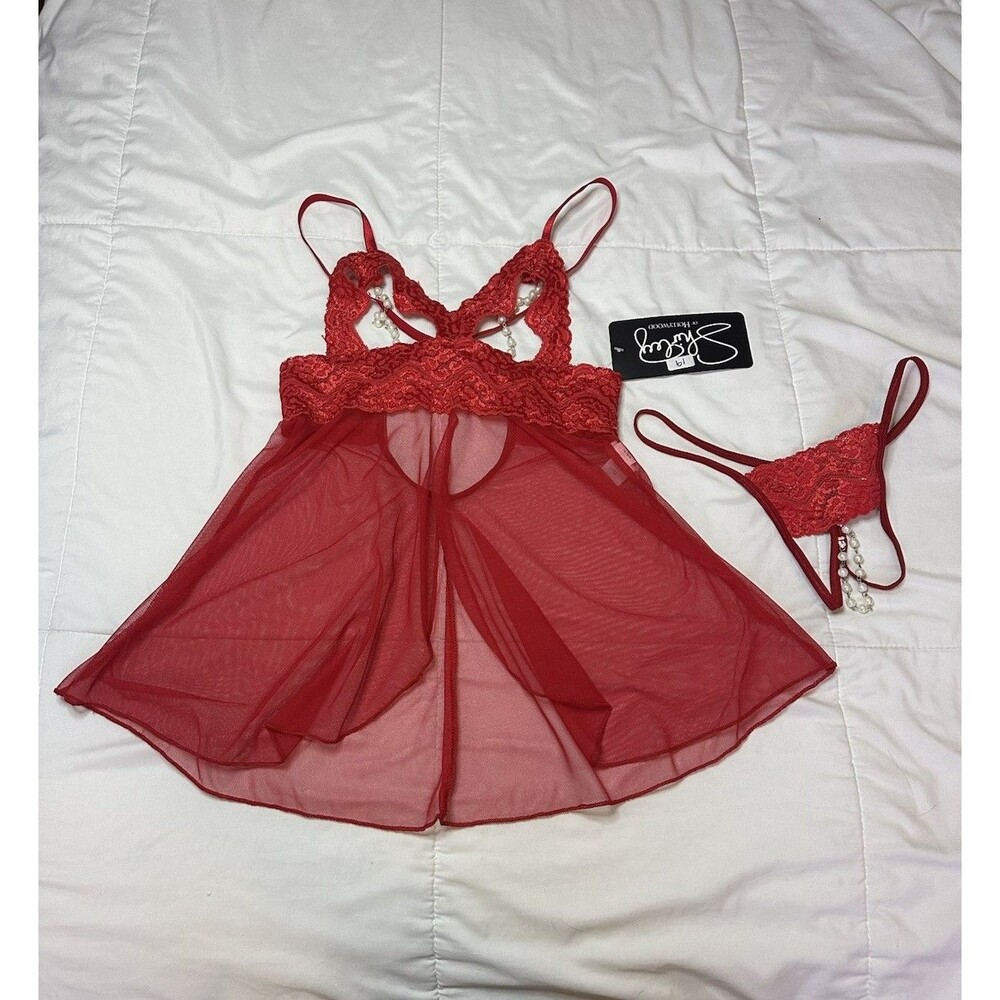 Deadstock VTG Shirley Of Hollywood Red Pearl Set Panties Slip Dress Lace Sz S